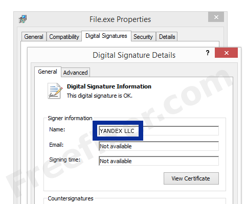 Screenshot of the YANDEX LLC certificate